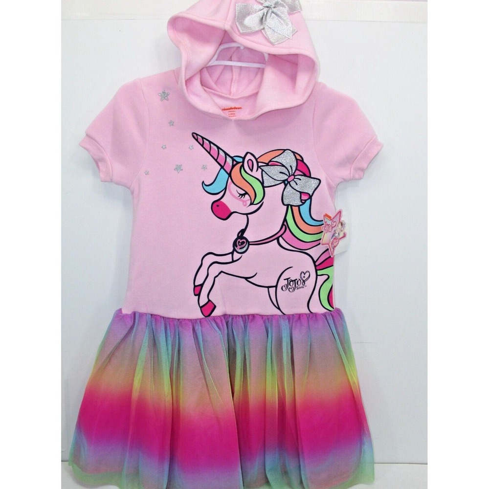 Nickelodeon Jojo Siwa PINK Unicorn Hooded BOW Dress Size L (10/12) Girls